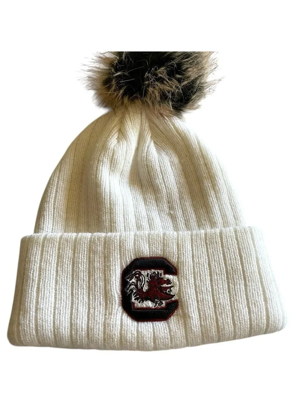 South Carolina Gamecocks White Cable Knit Pom Beanie, Front Embroidered Logo.